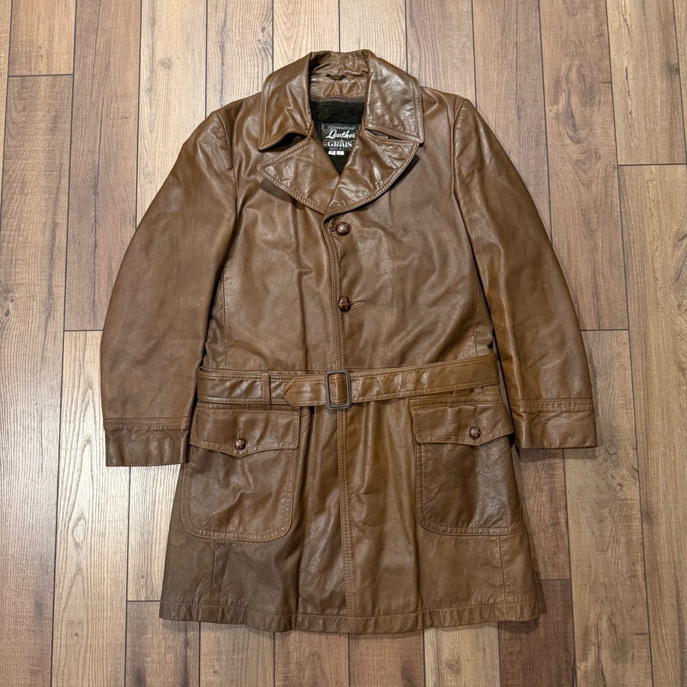 Vintage 70s Grais Cabretta Leather Trench Coat Men 40L Belted Faux Fur Lined USA